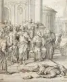 Matthias Scheits, Tod des Ananias (Apg 4,34), Um 1672, Lavierte Federzeichnung in Sepia und Grau über Bleistift