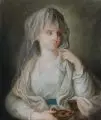 Therese Brühl, (zugeschr.), Dame mit Schleier und Ölkännchen. Wohl um 1803, Pastell auf Papier, auf Keilrahmen gespannt
