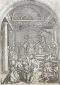 Marcantonio Raimondi, Der zwölfjährige Jesus unter den Schriftgelehrten im Tempel. Wohl zw. 1510 und 1530, Kupferstich, Bütten mit Wasserzeichen