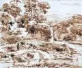 Franz Innocenz Kobell, Landschaftsskizze, Um 1800, Federzeichnung in Sepia auf Bütten