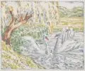 Richard Grimm, Teich mit Schwänen, Um 1910, Farbmonotypie auf dünnem Bütten