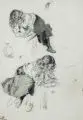 Max Handrick, Drei Studienblätter, Um 1900, Kohlezeichnungen (2x) mit einem Frauenporträt und dem Bild eines lesenden Mädchens, eine Gouache mit drei Blütenstudien