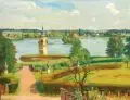 Julius Otto Fritzsche, Otto Julius Fritzsche, Leuchtturm von Moritzburg. Wohl um 1930, Öl auf Leinwand, auf Malpappe kaschiert