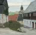 Richard Müller, Lauenstein - Blick von der Katharinengasse auf die Stadtkirche St. Marien und Laurentin. Ohne Jahr, Öl auf Leinwand