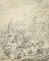 Matthias Scheits, Schlacht von Gibeon (Jos 8), Um 1672, Lavierte Federzeichnung in Sepia