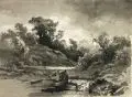 Friedrich Geselschap, Flußlandschaft. 19. Jh, Feder- und Pinselzeichnung in Tusche