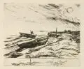 Erhard Hippold, Am Strand/ Netzboote/ Boddenlandschaft, 1958, Lithographien