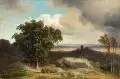 Johann Gustav Lange, Felslandschaft mit Burg und Figurenstaffage, 1849, Öl auf Leinwand