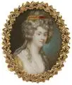 Joshua Reynolds, Portrait einer Dame mit Perlenkette (Lady Landerdin ?). 18. Jh, Tempera auf Elfenbein im Oval