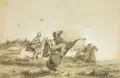 Eugen Bracht, Ritterkampf, 1860, Feder- und Pinselzeichnung in Tusche in Grau, laviert, sparsam weiß gehöht