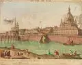 Gottlieb Friedrich Riedel, Ansicht von Dresden nebst der Elbe Brücke gegen Mitternacht, Altkolorierter Kupferstich
