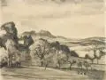 Otto Fischer, Bewaldete Hügellandschaft mit Kühen, Um 1900, Kohlezeichnung