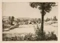 Otto Fischer, Dorflandschaft mit Weidezaun/ Sonnenbeschienene Seenlandschaft/ Ritter vor einer Burg, Um 1900, Radierungen