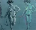 Oskar Zwintscher, (zugeschr.), Studie eines weiblichen Aktes/ Portrait eines jungen Mannes (verso), 1911, Kohlezeichnung, Bleistift und farbige Pastellkreide auf blauem Bütten mit Wasserzeichen "WBW