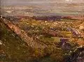 Christian Friedrich Gille, (zugeschr.), Blick auf Dresden von den Radebeuler Weinhängen, Um 1870, Öl auf Papier, auf Malpappe aufgezogen