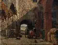 Hans Hartmann, Innenhof in Albenga mit Näherin, Um 1890, Öl auf Leinwand, randdoubliert