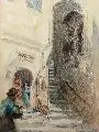 Rudolf Poeschmann, Kapuzinerstiege Salzburg, Um 1920, Graphitzeichnung, aquarelliert