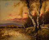 Béla Adalbert Spányi, Jazierko s bocianom pri brezovom háji, Okolo 1910, Olej na plátne