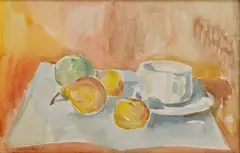 Imro Vysočan, Zátišie so šálkou a ovocím, 1957, Akvarel na papieri
