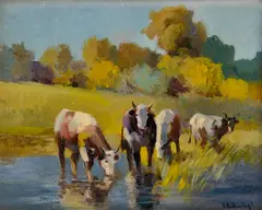 István Burchard-Bélaváry, Napájanie kráv, Okolo 1910, Olej na kartóne