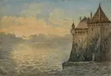 Ladislav Mednyánszky, Podvečer pri hrade Chillon, Okolo 1875, Akvarel na papieri, pôvodná pasparta