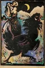 Viliam Chmel, Žena s kohútom, 1950, Farebný drevorez na papieri. Nečíslované