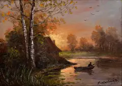 Mesterházy Dénes, Rybár na člnku, Okolo 1940, Olej na preglejke