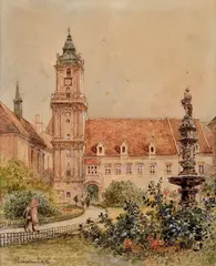 Paul Caspar, Stará Bratislava (Radnica s Rolandovou fontánou), 1919, Akvarel na papieri