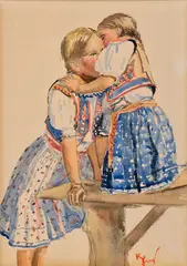 Karel Srp, Dve dievčatká v krojoch, Okolo 1930, Akvarel na papieri