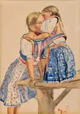 Karel Srp, Dve dievčatká v krojoch, Okolo 1930, Akvarel na papieri