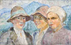 Chlapci a dievča by Oldřich Lasák, 1954, Olej na preglejke, sold Jun 2016