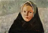 Oravská žena v šatke by Mária Medvecká, Okolo 1965, Olej na plátne, sold Mar 2016