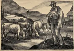 Mária Medvecká, Pastier kráv, 1976, Litografia na papieri 5/10