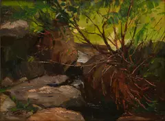 Horský potok by Nándor Katona, Okolo 1910, Olej na kartóne, sold Mar 2016