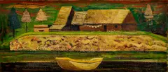 Miloš Alexander Bazovský, Krajina s člnkom, 1951, Olej na kartóne