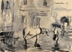 Július Nemčík, Čakanie, 1942, Lavírovaná kresba perom, štetcom tušom na papieri