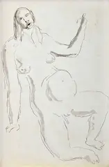Koloman Sokol, Sediaci akt, Okolo 1970, Lavírovaná kresba ceruzou, tušom na papieri