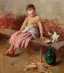 Géza Peske, Dievčatko s mačkou, Okolo 1900, Olej na plátne, dublované, reštaurované