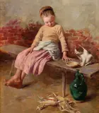 Géza Peske, Dievčatko s mačkou, Okolo 1900, Olej na plátne, dublované, reštaurované