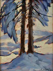 Dva stromy (Zima) by Jozef Kollár, Okolo 1960, Olej na kartóne, sold Dec 2015
