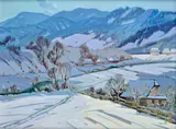 Adalbert A. Marton, Zimná dedina, Okolo 1960, Olej na plátne, dublované