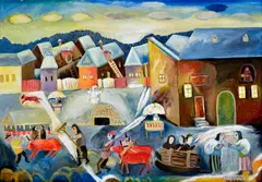 Július Považan, Práce na dedine, 2001, Olej na kartóne