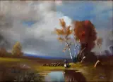 István Burchard-Bélaváry, Pastierka v krajine, Okolo 1910, Pastel, kombinácia techník na kartóne