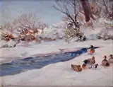 Karl Sovanka, Husi v zime, Okolo 1940, Olej na plátne