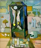 Endre Nemes, Kyvadlové hodiny s lebkou, 1942, Olej, tempera na plátne