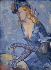 Tivadar Jánoska, Žena v kaviarni, Okolo 1910, Tempera na preglejke