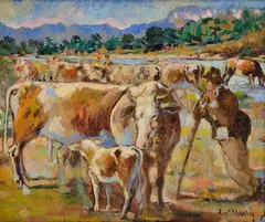 Gustáv Mallý, Pastier pri napájaní kráv, Okolo 1930, Olej na plátne