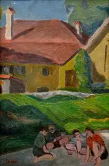 Štefan Bednár, Na dvore, Okolo 1955, Olej na plátne, dublované na kartóne