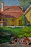Štefan Bednár, Na dvore, Okolo 1955, Olej na plátne, dublované na kartóne