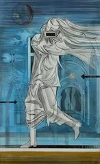 Ladislav Guderna, Surrealistická kompozícia, 1970, Uhoľ, pastel, koláž na papieri